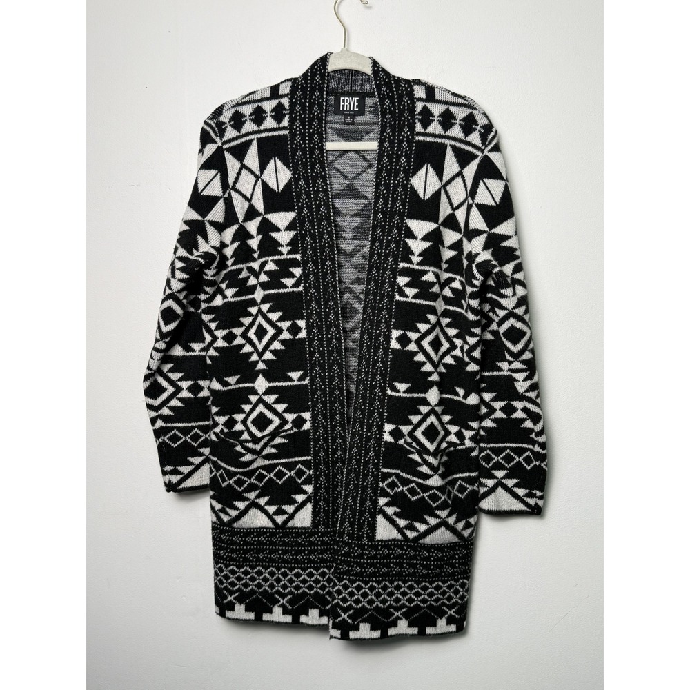 Aztec Tribal Cardigan Sweater Frye Womens Small Black White Geometric Open Front